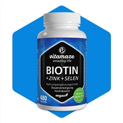 480 comprimidos - Biotina 10 mg de alta potencia + Zinc + Selenio, vegano - Vitamaze