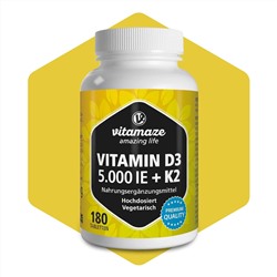 180 comprimidos - Vitamina D3 5000 UI + K2 de alta potencia, vegetariano - Vitamaze