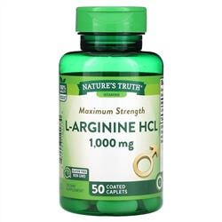 Nature's Truth, Витамины, L-аргинин гидрохлорид максимальной эффективности, 1000 мг, 50 капсул, покрытых оболочкой