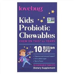 LoveBug Probiotics, пробиотики для детей, от 4 лет, с ягодным вкусом,10 млрд КОЕ, 30 жевательных таблеток