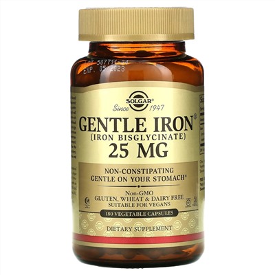 Solgar, Gentle Iron, 25 мг, 180 растительных капсул