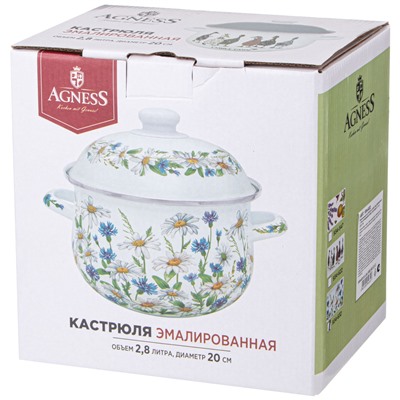 КАСТРЮЛЯ AGNESS ЭМАЛИРОВАННАЯ С ЭМАЛ.КРЫШКОЙ СЕРИЯ "FAMILY FARM", 2.8 Л, 20*12 СМ