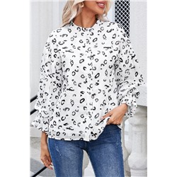 White Leopard Print Button up Ruffled Sleeve Shirt
