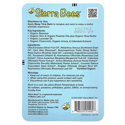 Sierra Bees, бальзам-стик для спокойного сна, лаванда и ромашка, 17 г (0,6 унции)