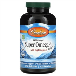 Carlson, Super Omega-3 Gems, высокоэффективные омега-3 кислоты из рыбы дикого улова, 1200 мг, 250 капсул (600 мг в 1 капсуле)