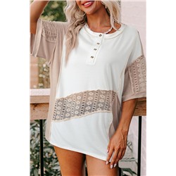 White Lace Splicing Ribbed Patchwork Short Sleeve Henley Top