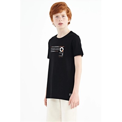 TOMMYLIFE Черная футболка стандартного кроя с круглым вырезом и принтом для мальчиков — 11145
