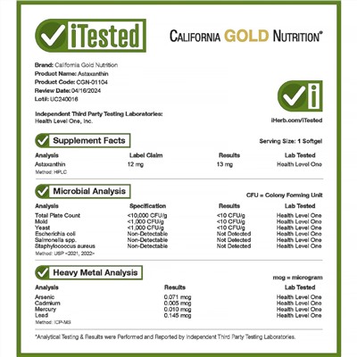 California Gold Nutrition, Astalif, чистый исландский астаксантин, 12 мг, 120 растительных капсул
