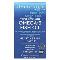 Viva Naturals, рыбий жир с омега-3, тройная сила, 90 капсул