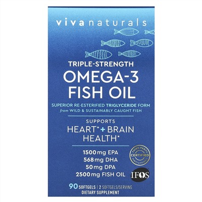 Viva Naturals, рыбий жир с омега-3, тройная сила, 90 капсул