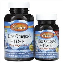 Carlson, Elite Omega-3 с витаминами D и K, натуральный лимонный вкус, 60 (+ 30 бонусных) мягких капсул