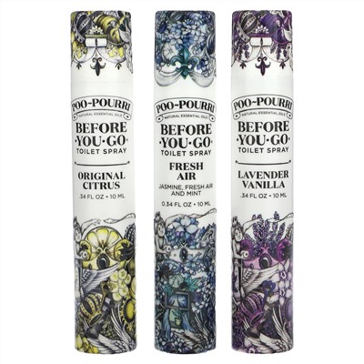 Poo-Pourri, On-The-Go, спреи для туалета Before-You-Go, Value Set, 3 вида спрея, по 10 мл (0,34 жидк. Унции)