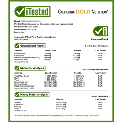 California Gold Nutrition, глюкозамин, хондроитин и МСМ с гиалуроновой кислотой, 60 растительных капсул