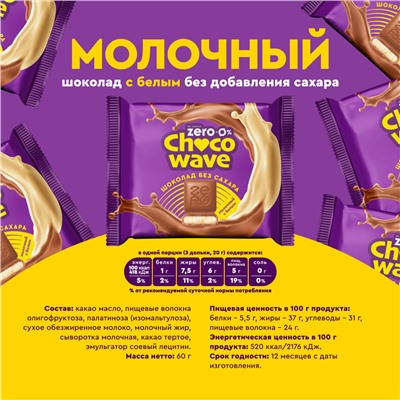 Молочный шоколад с белым шоколадом без сахара Chocowave набор, 8 шт. по 60 г