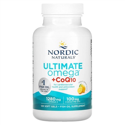 Nordic Naturals, Ultimate Omega + CoQ10, высокоэффективные омега-3 кислоты с коэнзимом Q10, со вкусом лимона, 1280 мг, 120 капсул (640 мг в 1 капсуле)