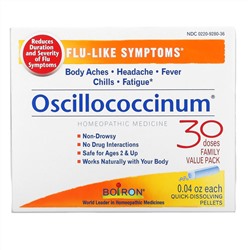 Бойрон, Oscillococcinum, средство для облегчения симптомов гриппа, для особ старше 2 лет, 30 быстрорастворимых гранул по 1,13 г (0,04 унции)