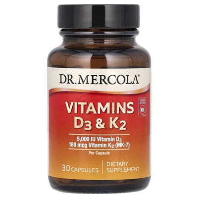 Dr. Mercola, витамины D3 и K2, 30 капсул