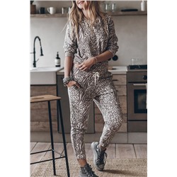 Leopard Long Sleeve Top Drawstring Pants Lounge Outfit