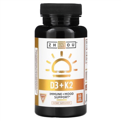 Zhou Nutrition, K2 + D3, поддержка 2-в-1, 60 вегетарианских капсул