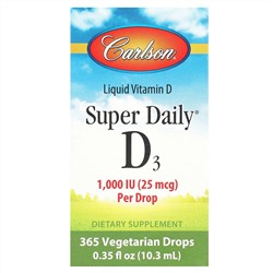 Carlson, Super Daily D3, витамин D3, 25 мкг (1000 МЕ), 10,3 мл (0,35 жидк. унции)