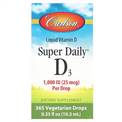 Carlson, Super Daily D3, витамин D3, 25 мкг (1000 МЕ), 10,3 мл (0,35 жидк. унции)