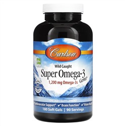 Carlson, Super Omega-3 Gems, высокоэффективные омега-3 кислоты из рыбы дикого улова, 1200 мг, 180 капсул (600 мг в 1 капсуле)