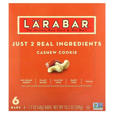 Larabar, The Original Real Fruit & Nut Bar, печенье с кешью, 6 батончиков, 48 г (1,7 унции)