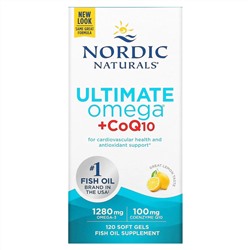 Nordic Naturals, Ultimate Omega + CoQ10, высокоэффективные омега-3 кислоты с коэнзимом Q10, со вкусом лимона, 1280 мг, 120 капсул (640 мг в 1 капсуле)