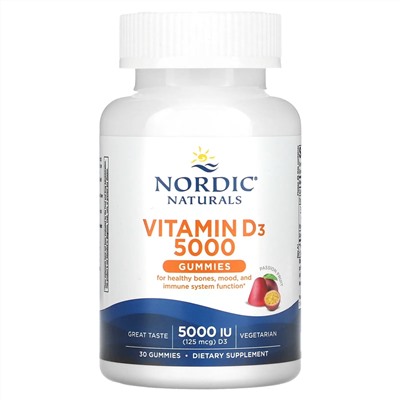 Nordic Naturals, Жевательные таблетки с витамином D3, маракуйя, 5000 МЕ (125 мкг), 30 жевательных таблеток