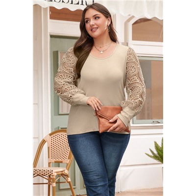 Parchment Plus Hollowed Lace Sleeve Square Neck Ribbed Top