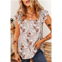 Gray Floral Patchwork Square Neck Ruffle Sleeve Blouse