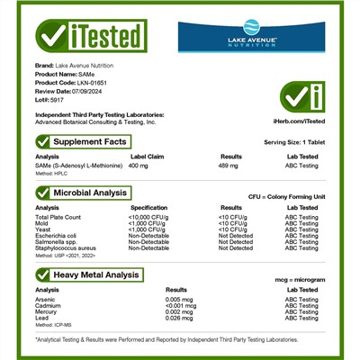 Lake Avenue Nutrition, SAMe (дисульфат тозилат), 400 мг, 60 таблеток, покрытых кишечнорастворимой оболочкой