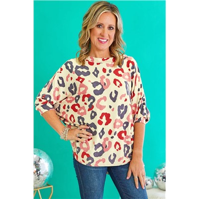 White Colorful Leopard Print Batwing Sleeve Plus Blouse