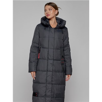 Пальто утепленное с капюшоном зимнее женское темно-серого цвета 52109TC