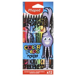 Карандаши цветные 12 цветов, пластик черный, трехгранный Black Monster Color'peps Maped 862612