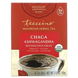 Teeccino, чай из грибов и трав, органическая чага, ашвагандха, «Жидкий ирис», без кофеина, 10 чайных пакетиков, 60 г (2,12 унции)