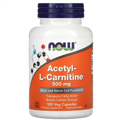 NOW Foods, Ацетил-L-карнитин, 500 мг, 100 растительных капсул