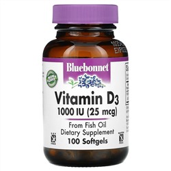 Bluebonnet Nutrition, Vitamin D3, 1,000 IU (25 mcg), 100 Softgels