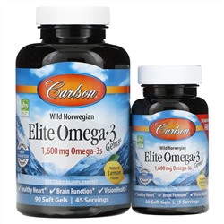 Carlson, Wild Caught, Elite Omega-3 Gems, отборные омега-3 кислоты, натуральный лимонный вкус, 800 мг, 90 +30 мягких таблеток