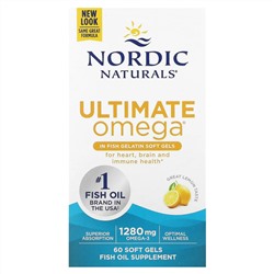 Nordic Naturals, Ultimate Omega, высокоэффективные омега-3 кислоты, со вкусом лимона, 1280 мг, 60 капсул из рыбьего желатина (640 мг в 1 капсуле)