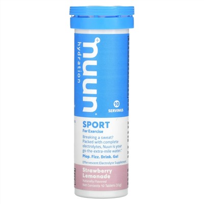 Nuun, Hydration, Sport, добавка с шипучими электролитами, клубничный лимонад, 10 таблеток