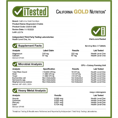 California Gold Nutrition, хелат магния, 210 мг, 90 таблеток (105 мг в 1 таблетке)