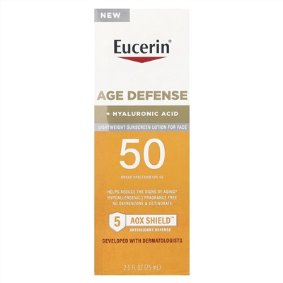 Eucerin, Age Defense, легкий солнцезащитный лосьон для лица, SPF 50, без отдушек, 75 мл (2,5 жидк. Унции)