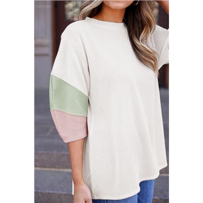 White Color Block Ribbed Knit Quarter Sleeve Top