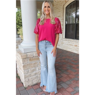 Rose Red Contrast Sequin Puff Sleeve T Shirt