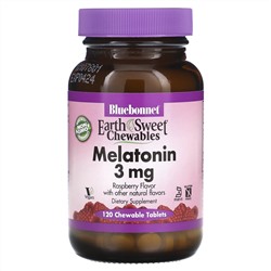 Bluebonnet Nutrition, EarthSweet, жевательные таблетки, мелатонин, натуральная малина, 3 мг, 120 жевательных таблеток