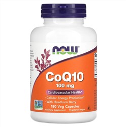 NOW Foods, CoQ10 с ягодами боярышника, 100 мг, 180 растительных капсул