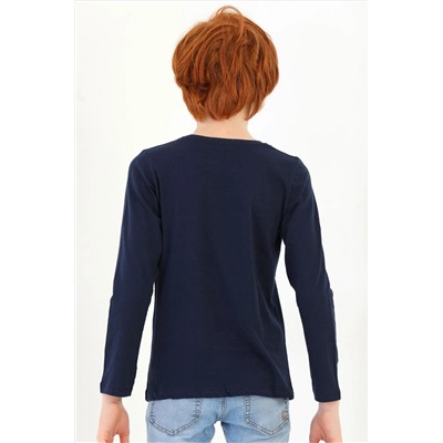 Zepkids Темно-синяя футболка с длинными рукавами и длинными рукавами с круглым вырезом и передним карманом с принтом Good Day для мальчиков