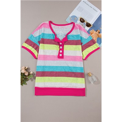 Rose Stripe Plus Size Textured Knit Short Sleeve Henley Top