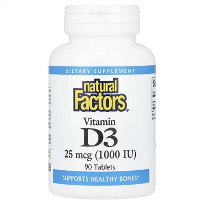Natural Factors, витамин D3, 25 мкг (1000 МЕ), 90 таблеток